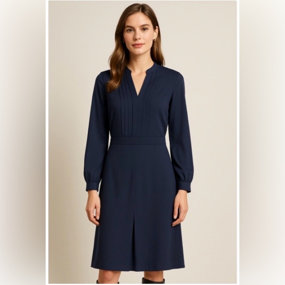 Tory Burch Navy Blue Pleated V-Neck Dress Long Sleeve Size 4